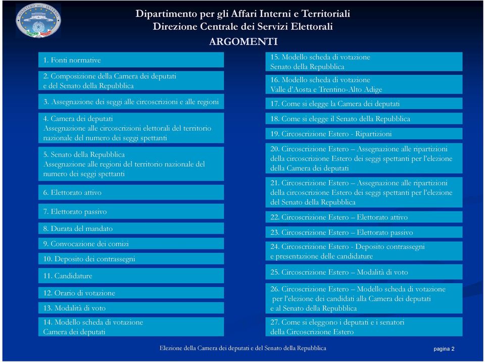 Senato della Repubblica Assegnazione alle regioni del territorio nazionale del numero dei seggi spettanti 6. Elettorato attivo 7. Elettorato passivo 8. Durata del mandato 9.