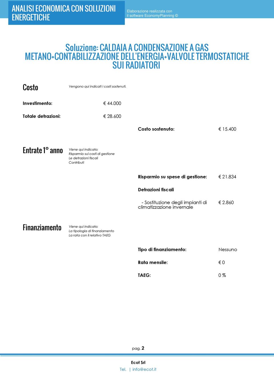 400 Entrate 1 anno Viene qui indicato: Risparmio sui costi di gestione Le detrazioni fiscali Contributi Risparmio su spese di gestione: 21.