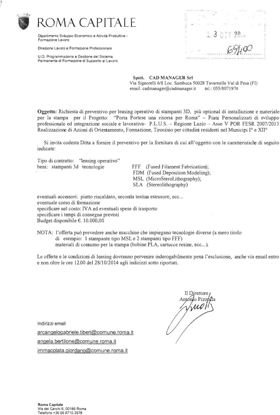 ': 055/8071974 Richiesta di preventivo per leasing operativo di optional di installazione e materiale per il Progetto: "Porta Portese una risorsa per Roma" Piani Personalizzati di sviluppo