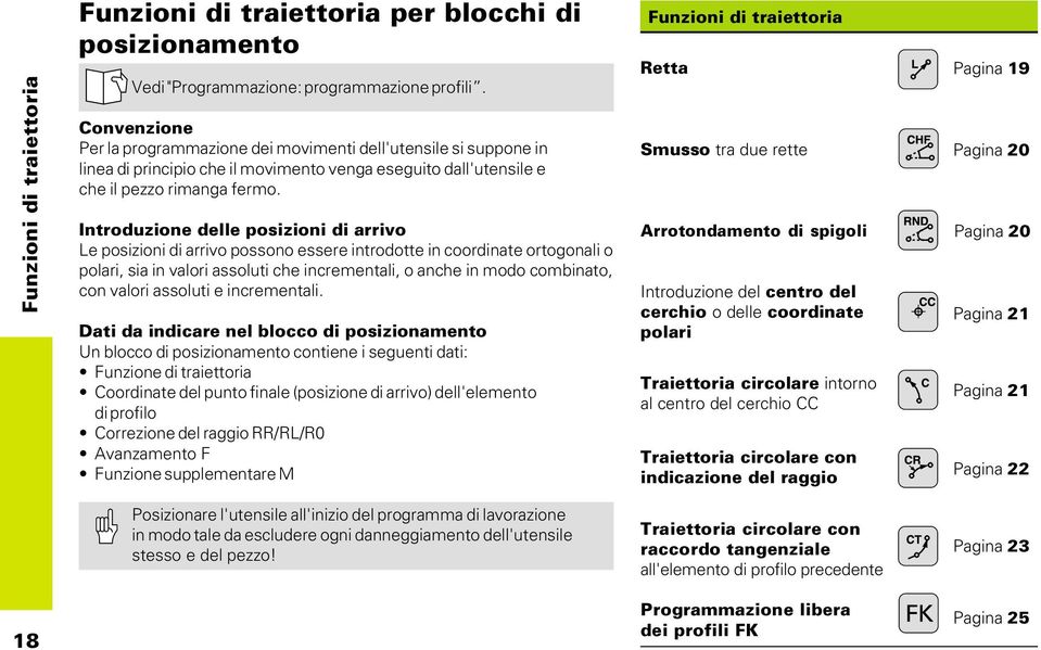 Introduzione delle posizioni di arrivo Le posizioni di arrivo possono essere introdotte in coordinate ortogonali o polari, sia in valori assoluti che incrementali, o anche in modo combinato, con