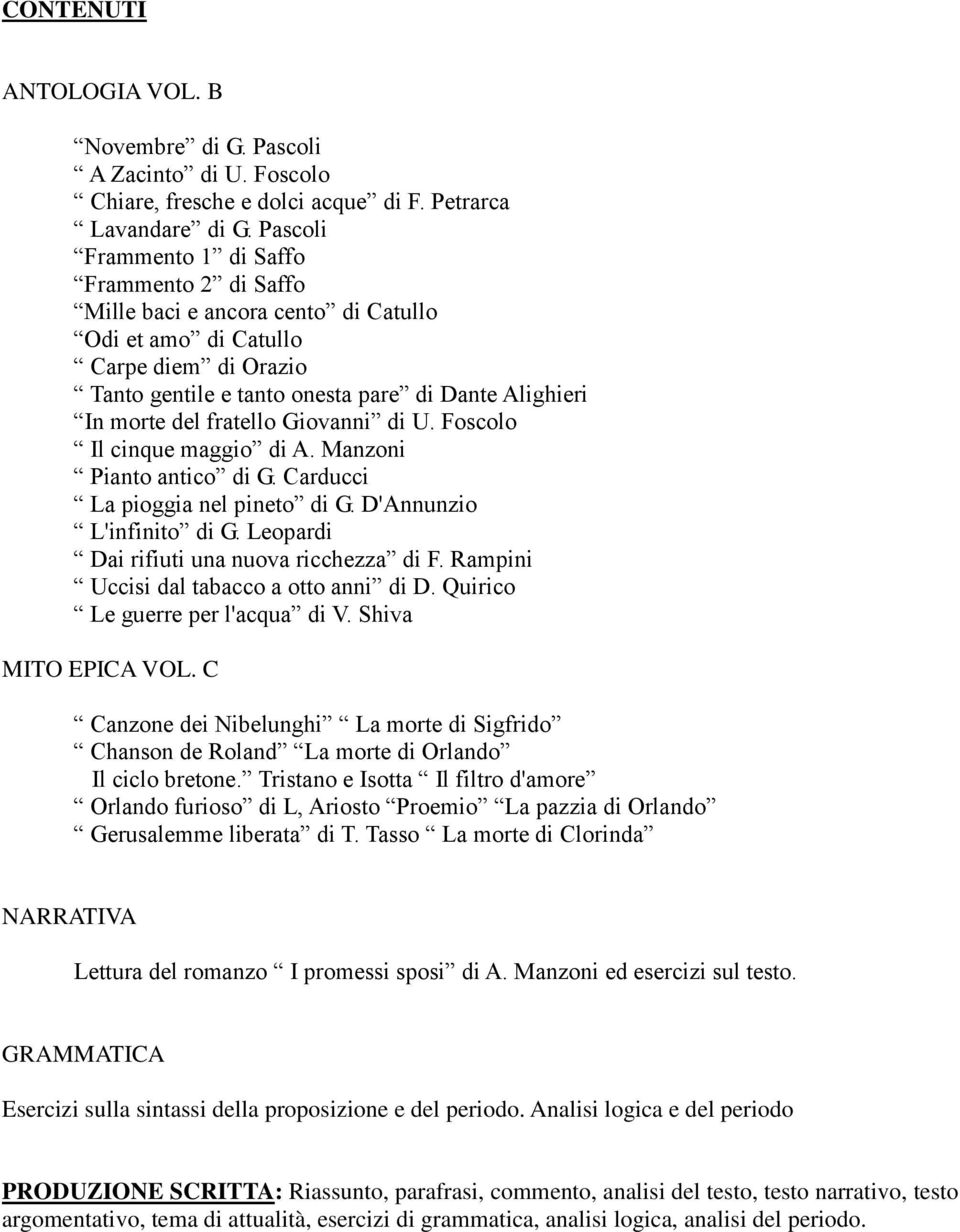 fratello Giovanni di U. Foscolo Il cinque maggio di A. Manzoni Pianto antico di G. Carducci La pioggia nel pineto di G. D'Annunzio L'infinito di G. Leopardi Dai rifiuti una nuova ricchezza di F.