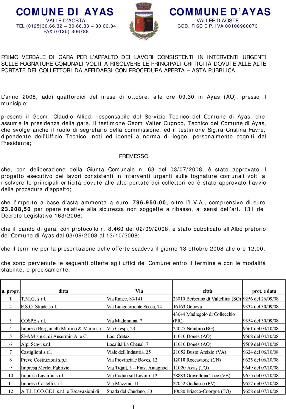 PORTATE DEI COLLETTORI DA AFFIDARSI CON PROCEDURA APERTA ASTA PUBBLICA. L'anno 2008, addì quattordici del mese di ottobre, alle ore 09.30 in Ayas (AO), presso il municipio; presenti il Geom.