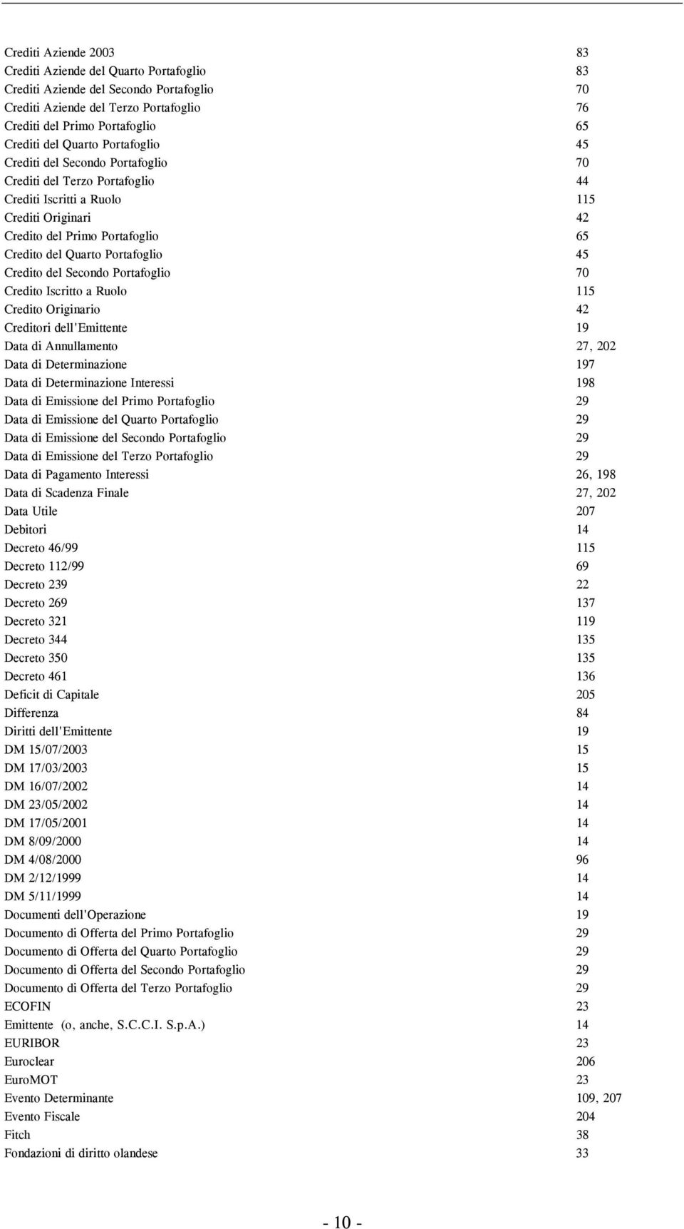 Portafoglio 45 Credito del Secondo Portafoglio 70 Credito Iscritto a Ruolo 115 Credito Originario 42 Creditori dell'emittente 19 Data di Annullamento 27, 202 Data di Determinazione 197 Data di