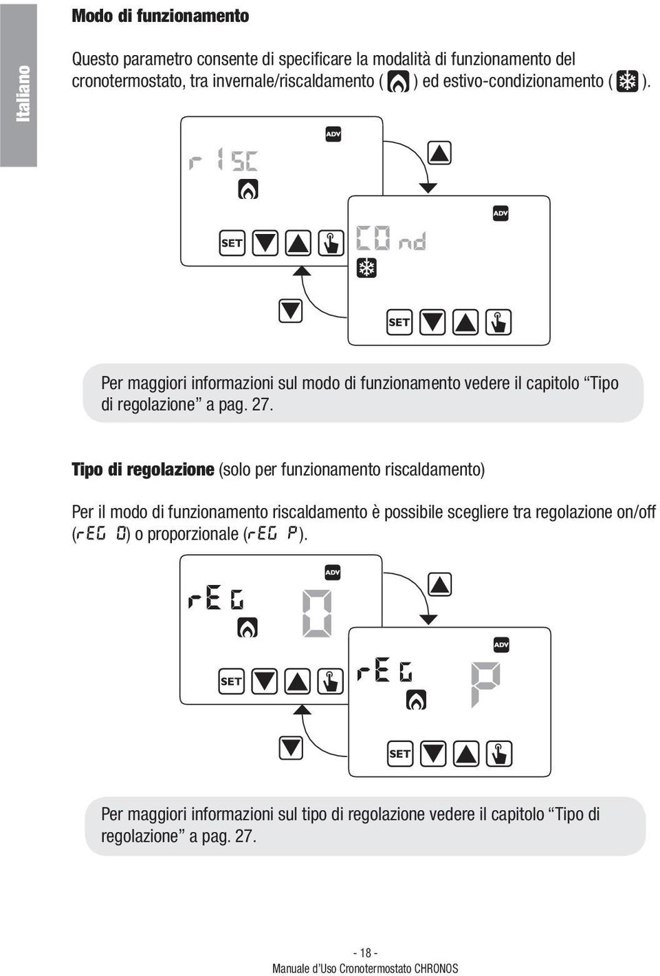 (solo per funzionamento riscaldamento) Per il modo di funzionamento riscaldamento è possibile scegliere tra regolazione on/off (Reg 0) o