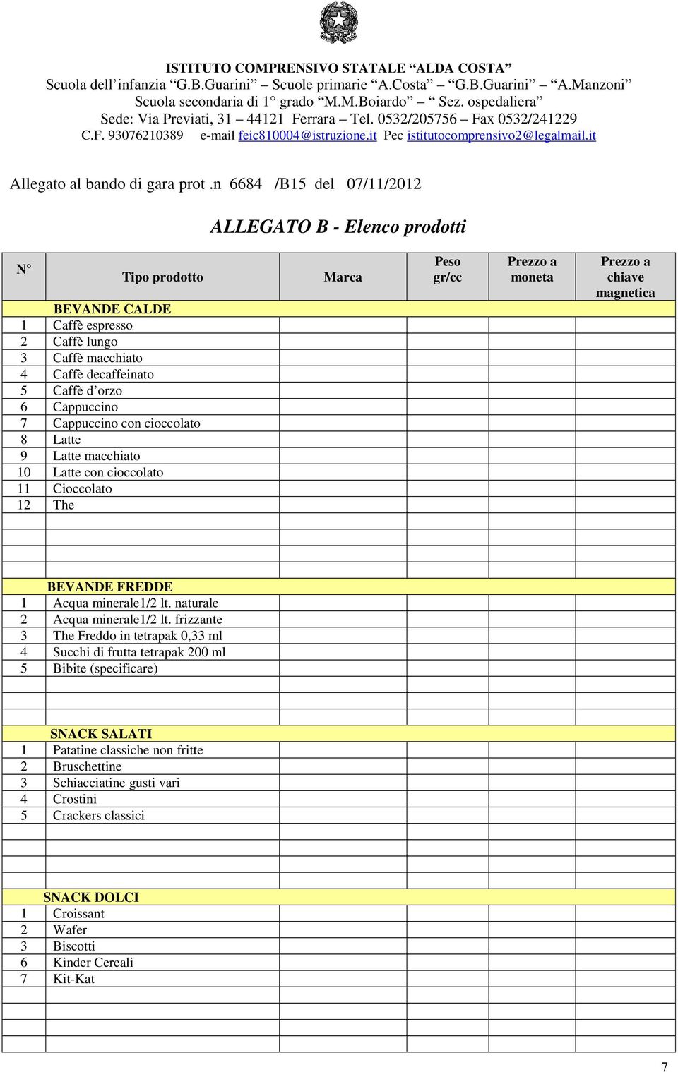 7 Cappuccino con cioccolato 8 Latte 9 Latte macchiato 10 Latte con cioccolato 11 Cioccolato 12 The Marca Peso gr/cc Prezzo a moneta Prezzo a chiave magnetica BEVANDE FREDDE 1 Acqua