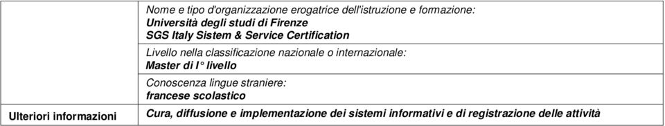 Certification : Master di I livello Conoscenza lingue straniere: francese