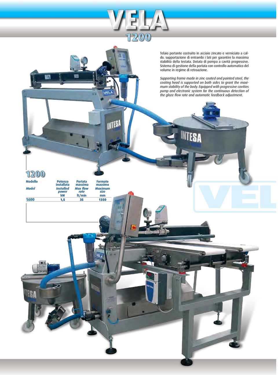 Supporting frame made in zinc coated and painted steel, the coating head is supported on both sides to grant the maximum stability of the body.