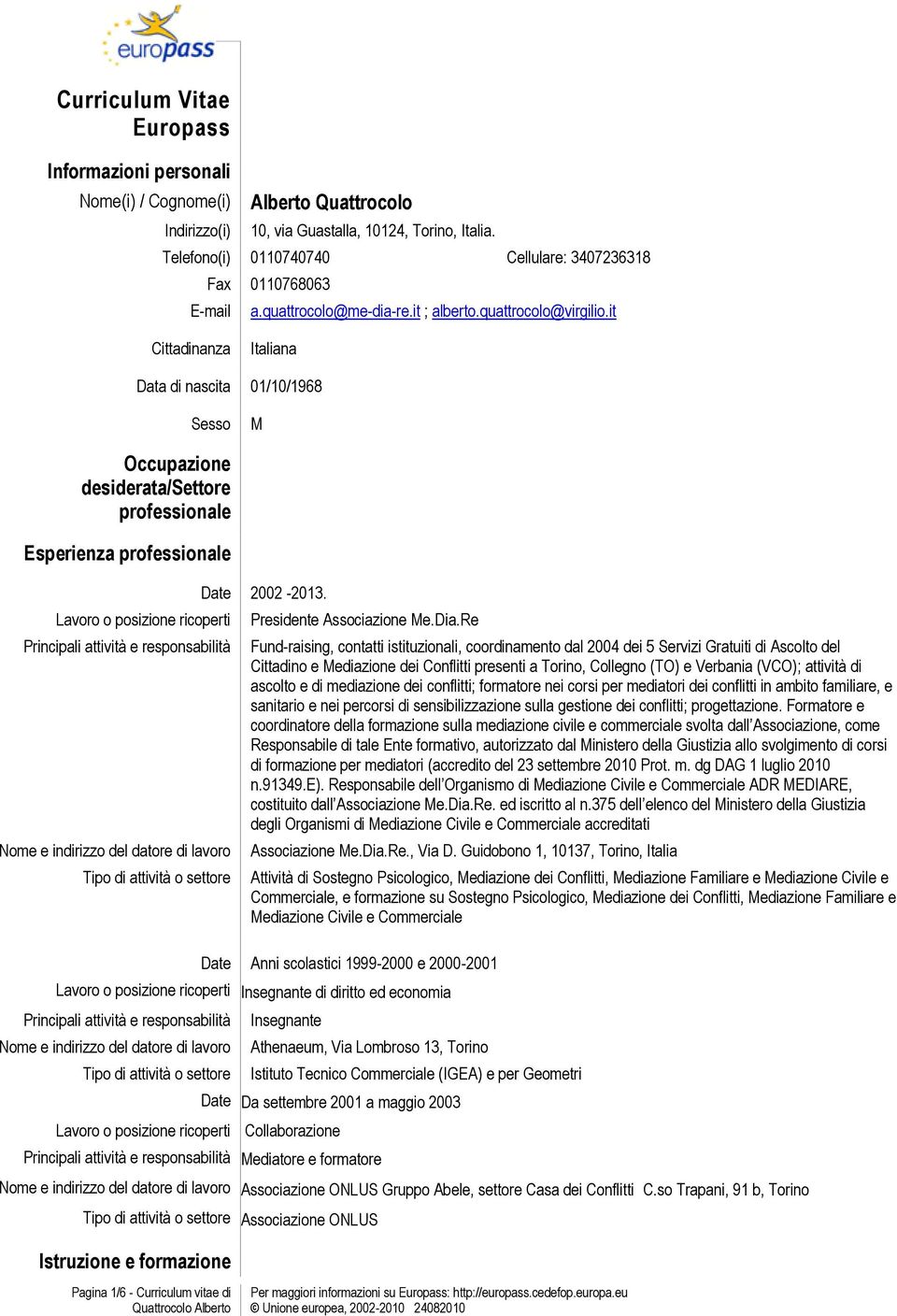 it Cittadinanza Italiana Data di nascita 01/10/1968 Sesso M Occupazione desiderata/settore professionale Esperienza professionale Lavoro o posizione ricoperti Principali attività e responsabilità