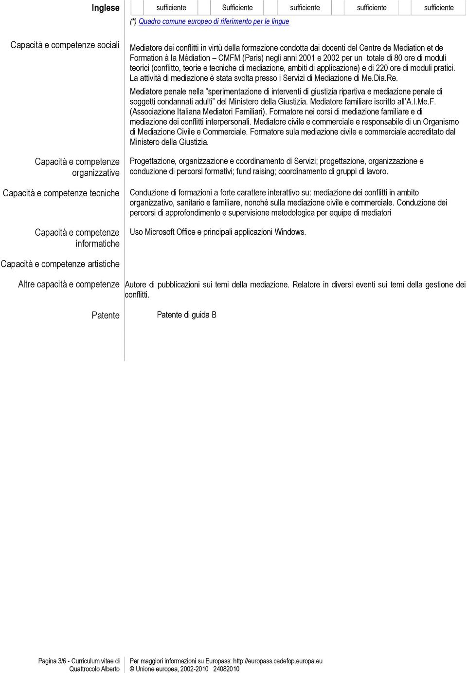 anni 2001 e 2002 per un totale di 80 ore di moduli teorici (conflitto, teorie e tecniche di mediazione, ambiti di applicazione) e di 220 ore di moduli pratici.