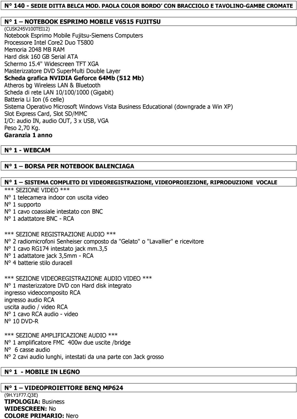 T5800 Memoria 2048 MB RAM Hard disk 160 GB Serial ATA Schermo 15.