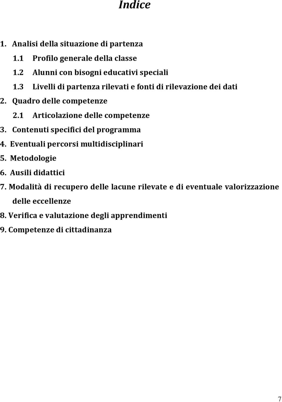 Contenuti specifici del programma 4. Eventuali percorsi multidisciplinari 5. Metodologie 6. Ausili didattici 7.