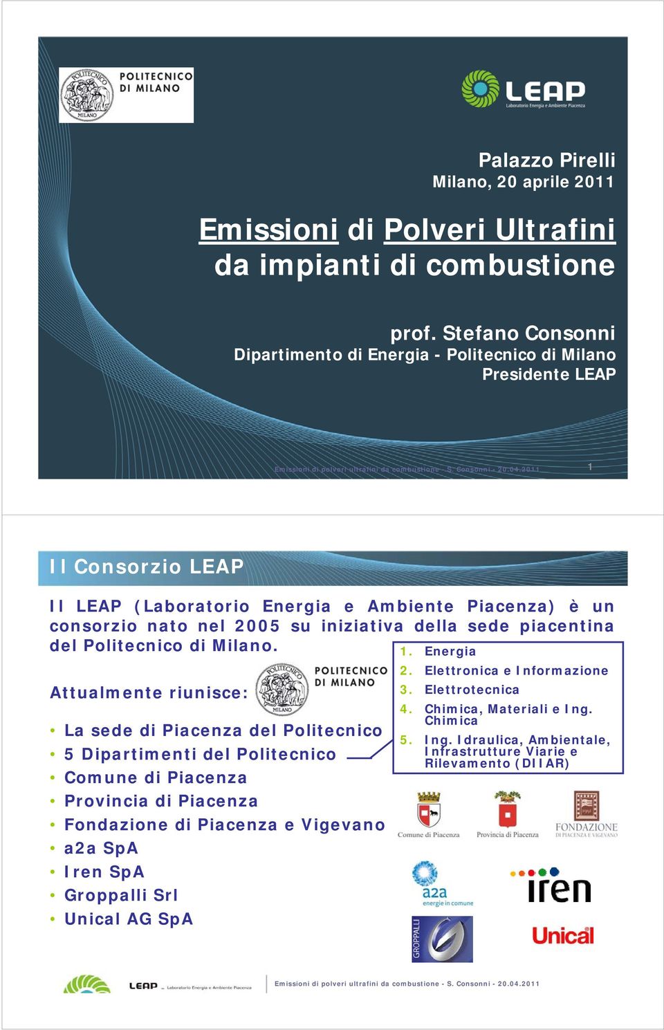 2011 1 Il Consorzio LEAP Il LEAP (Laboratorio Energia e Ambiente Piacenza) è un consorzio nato nel 2005 su iniziativa della sede piacentina del Politecnico di Milano.