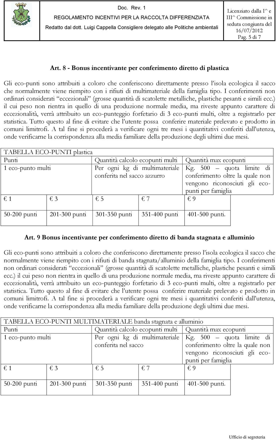 rifiuti di multimateriale della famiglia tipo. I conferimenti non ordinari considerati eccezionali (grosse quantità di scatolette metalliche, plastiche pesanti e simili ecc.