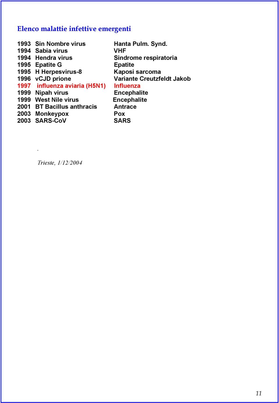 Kaposi sarcoma 1996 vcjd prione Variante Creutzfeldt Jakob 1997 influenza aviaria (H5N1) Influenza 1999