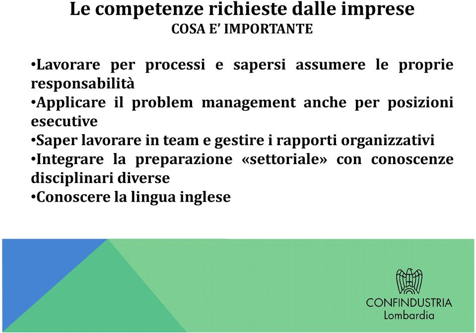 posizioni esecutive Saper lavorare in team e gestire i rapporti organizzativi