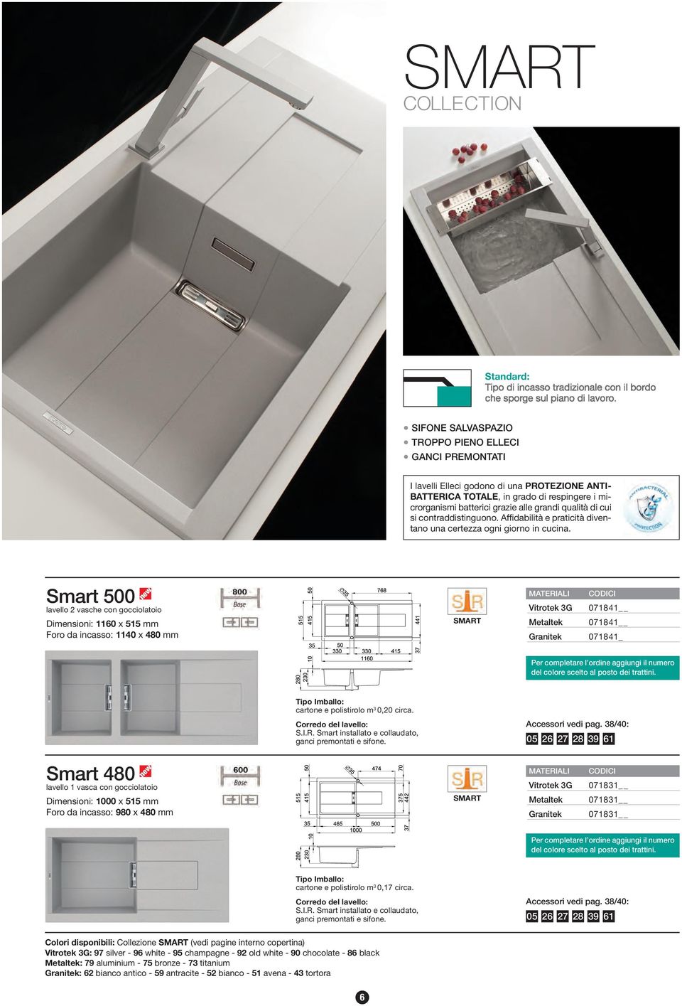 Smart 500 lavello 2 vasche con gocciolatoio Dimensioni: 1160 x 515 mm Foro da incasso: 1140 x 480 mm SMART 071841 071841 071841_ Per completare l ordine aggiungi il numero del colore scelto al posto