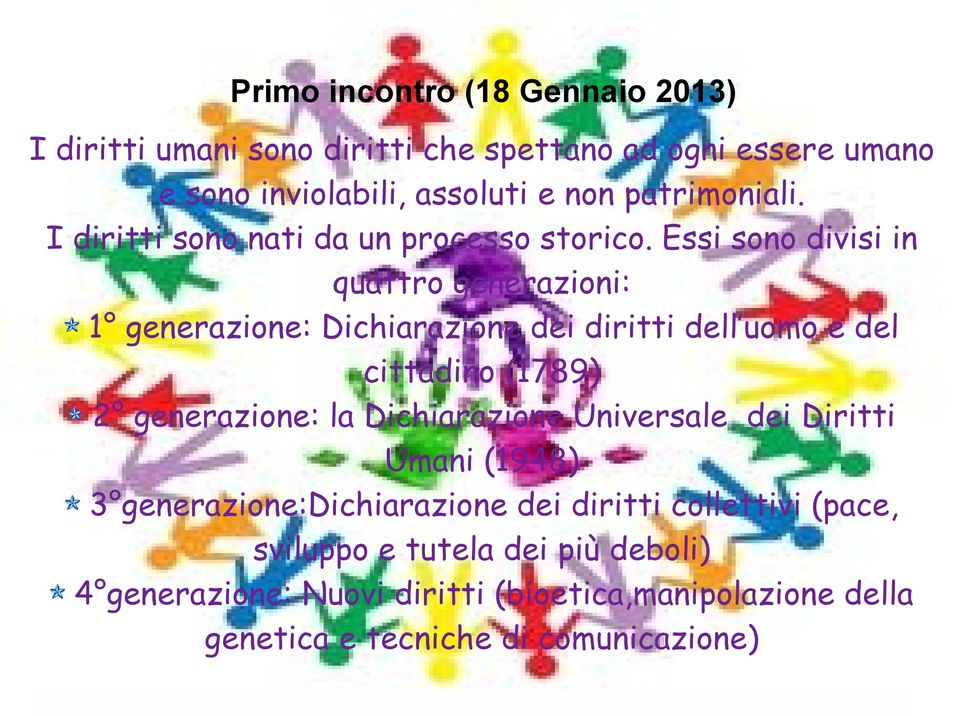 Essi sono divisi in quattro generazioni: 1 generazione: Dichiarazione dei diritti dell uomo e del cittadino (1789) 2 generazione: la