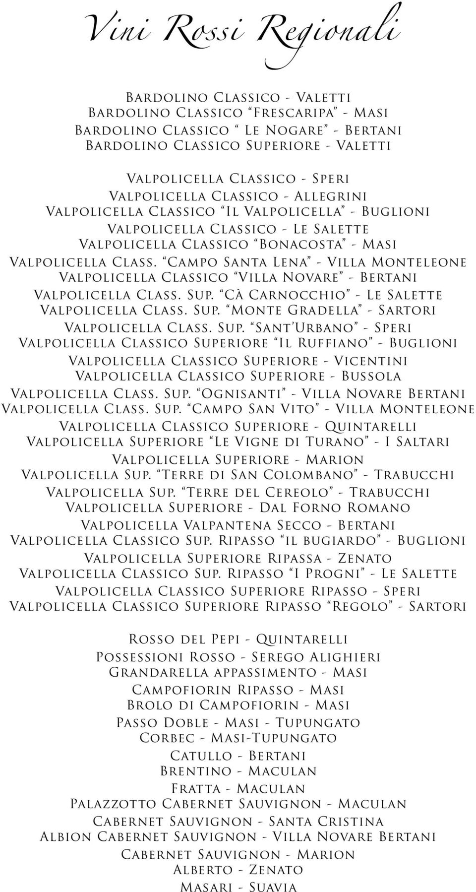 Campo Santa Lena - Villa Monteleone Valpolicella Classico Villa Novare - Bertani Valpolicella Class. Sup. Cà Carnocchio - Le Salette Valpolicella Class. Sup. Monte Gradella - Sartori Valpolicella Class.