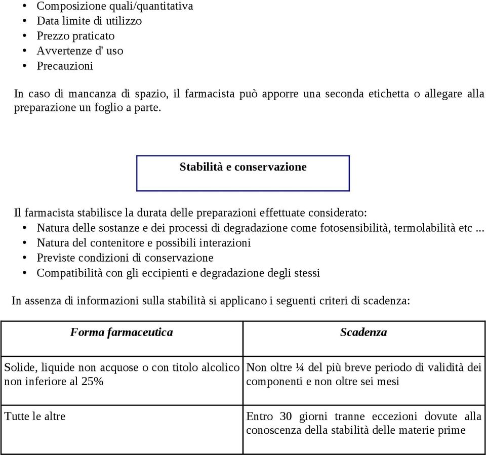 Stabilità e conservazione Il farmacista stabilisce la durata delle preparazioni effettuate considerato: Natura delle sostanze e dei processi di degradazione come fotosensibilità, termolabilità etc.