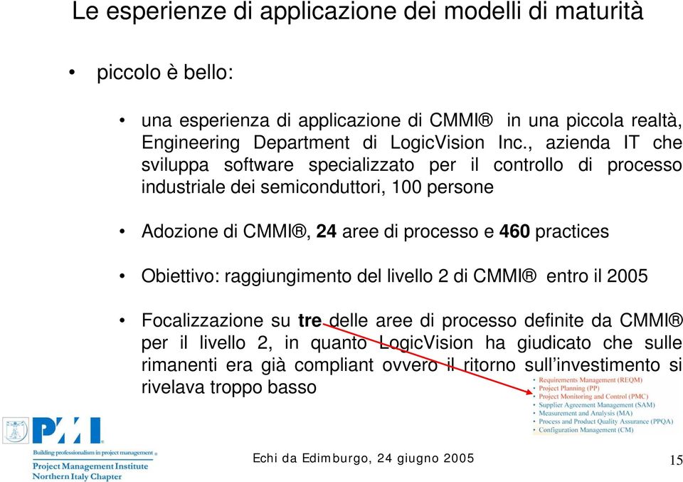 , azienda IT che sviluppa software specializzato per il controllo di processo industriale dei semiconduttori, 100 persone Adozione di CMMI, 24 aree di processo e 460