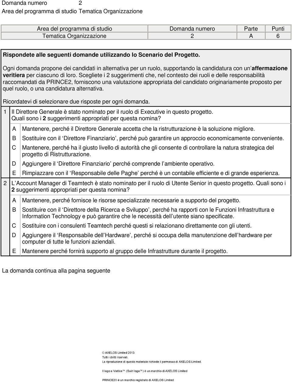 Scegliete i 2 suggerimenti che, nel contesto dei ruoli e delle responsabilità raccomandati da PRINE2, forniscono una valutazione appropriata del candidato originariamente proposto per quel ruolo, o