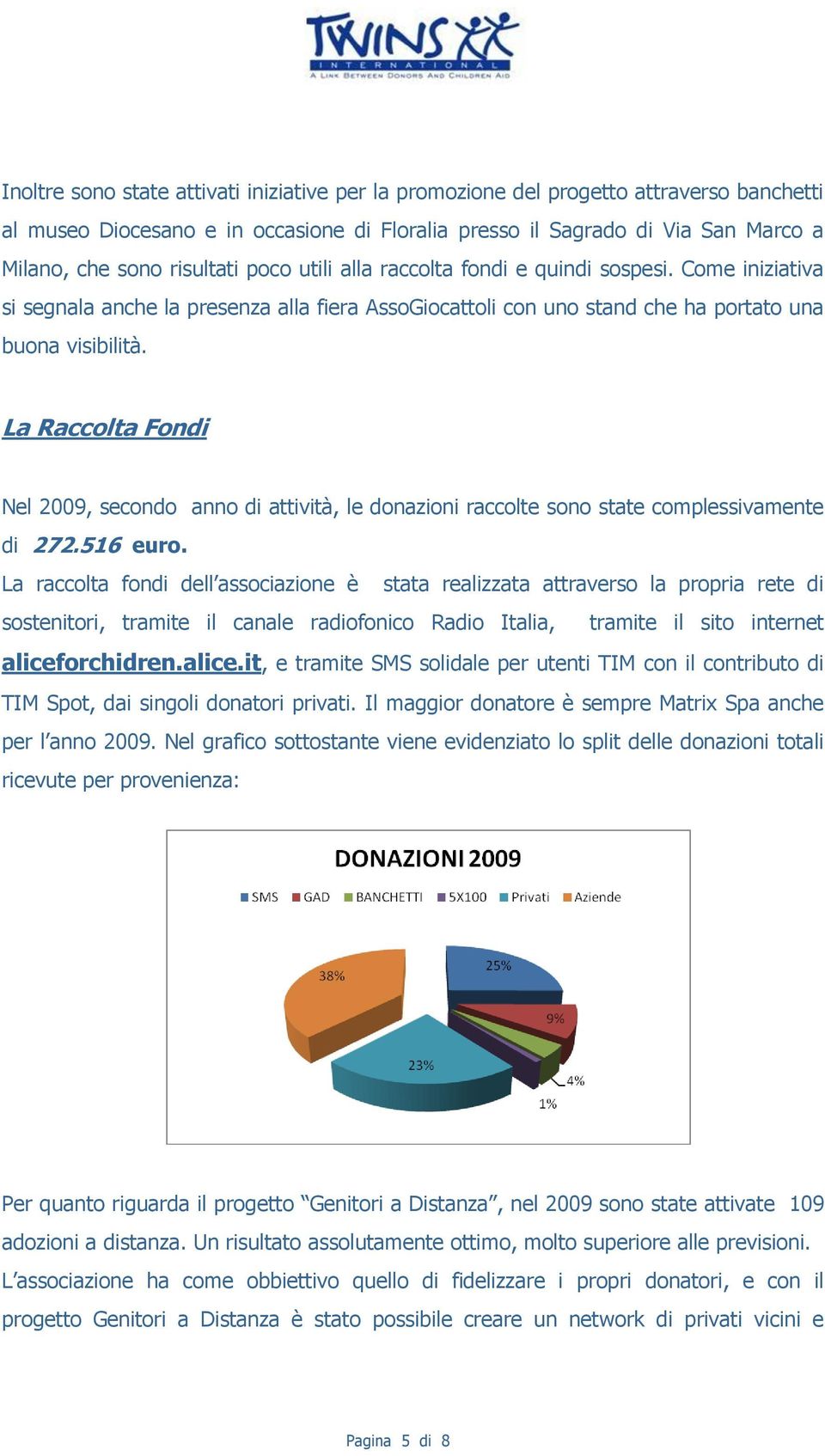 La Raccolta Fondi Nel 2009, secondo anno di attività, le donazioni raccolte sono state complessivamente di 272.516 euro.