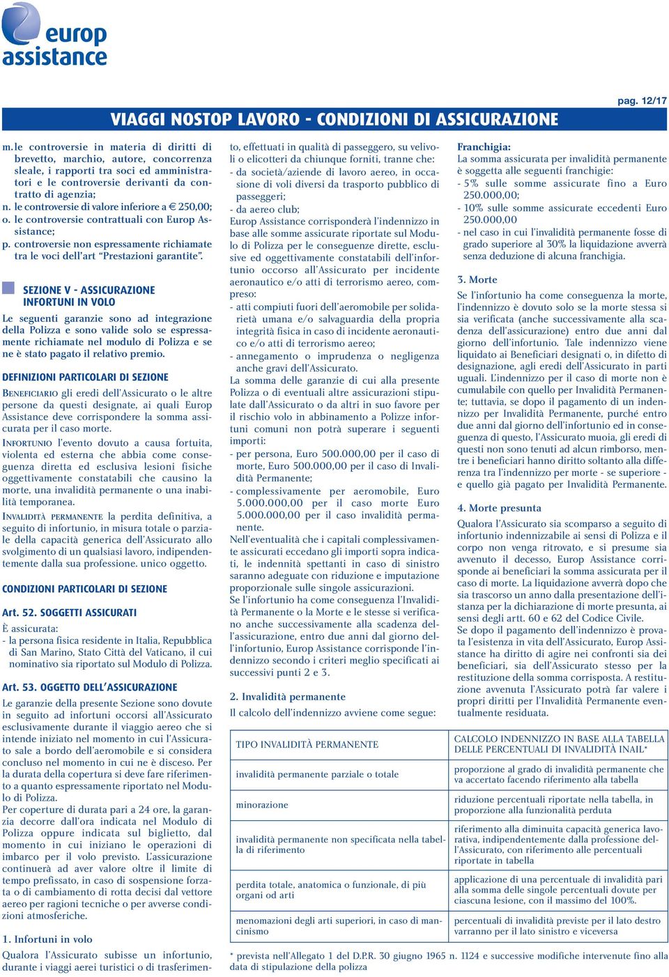 SEZIONE V - ASSICURAZIONE INFORTUNI IN VOLO Le seguenti garanzie sono ad integrazione della Polizza e sono valide solo se espressamente richiamate nel modulo di Polizza e se ne è stato pagato il