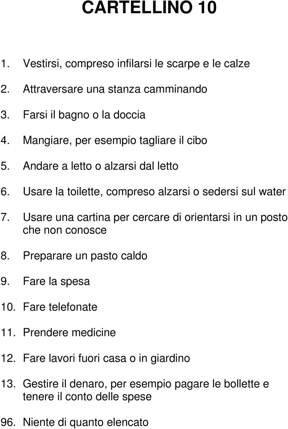 Usare una cartina per cercare di orientarsi in un posto che non conosce 8. Preparare un pasto caldo 9. Fare la spesa 10. Fare telefonate 11.