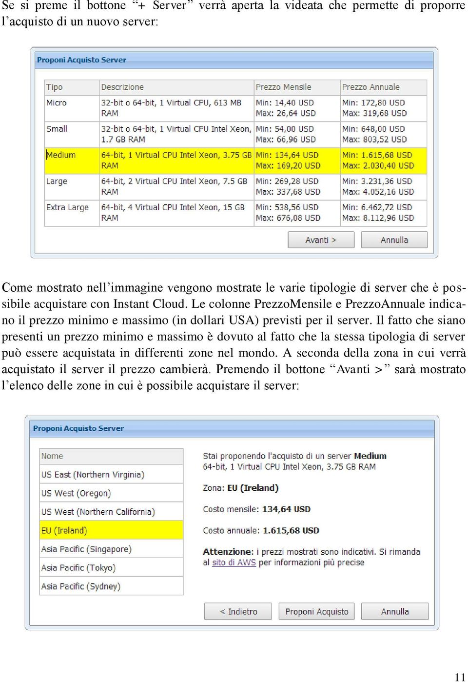 Le colonne PrezzoMensile e PrezzoAnnuale indicano il prezzo minimo e massimo (in dollari USA) previsti per il server.