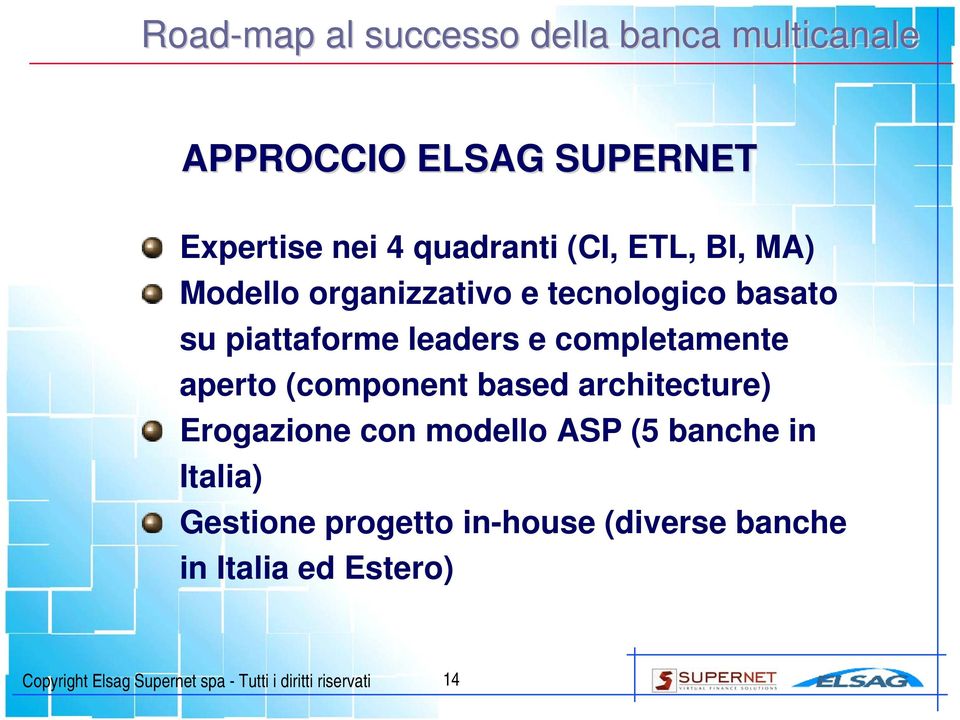 (component based architecture) Erogazione con modello ASP (5 banche in Italia) Gestione progetto