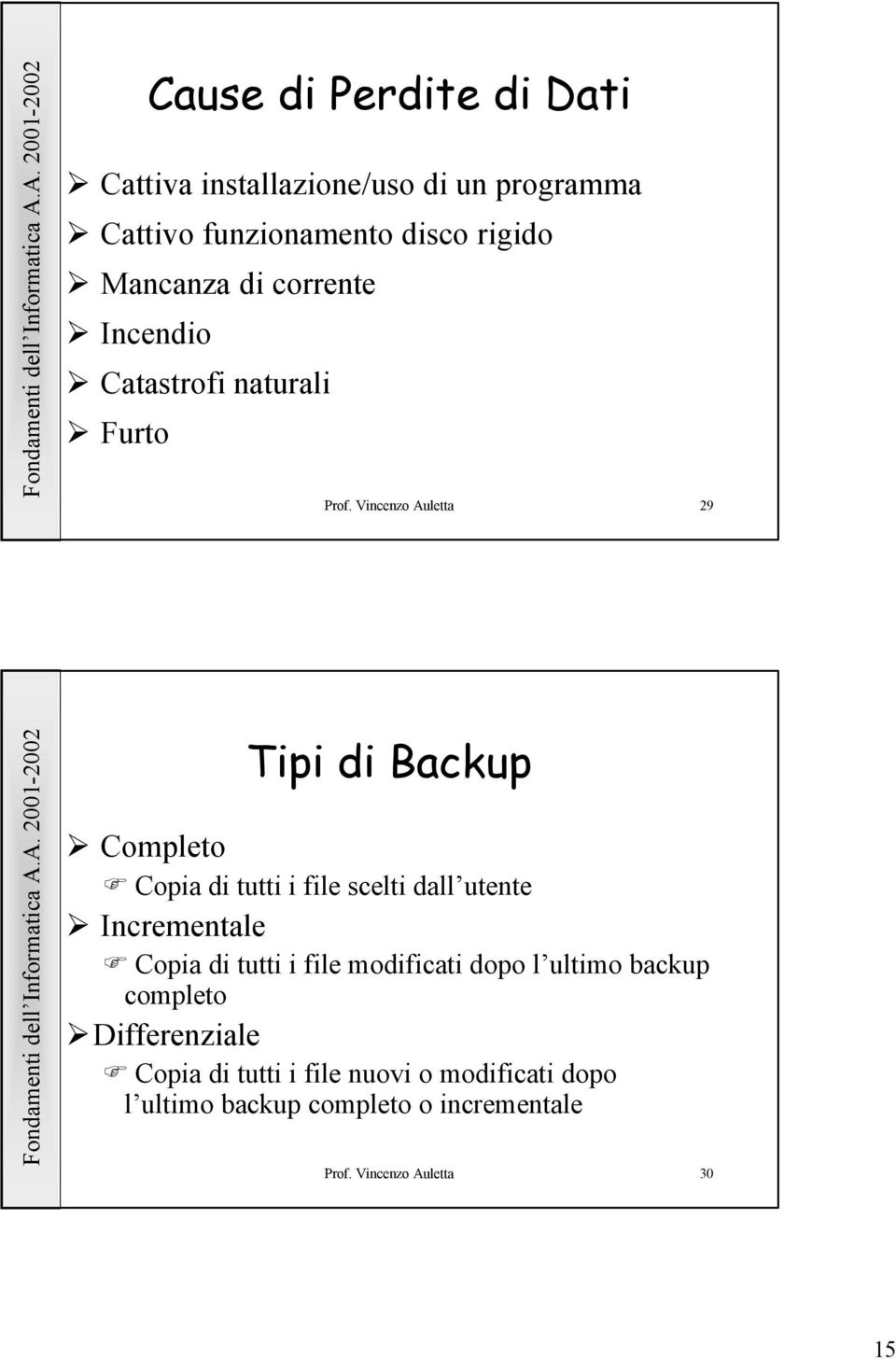 Vincenzo Auletta 29 Tipi di Backup Completo Copia di tutti i file scelti dall utente Incrementale Copia di tutti