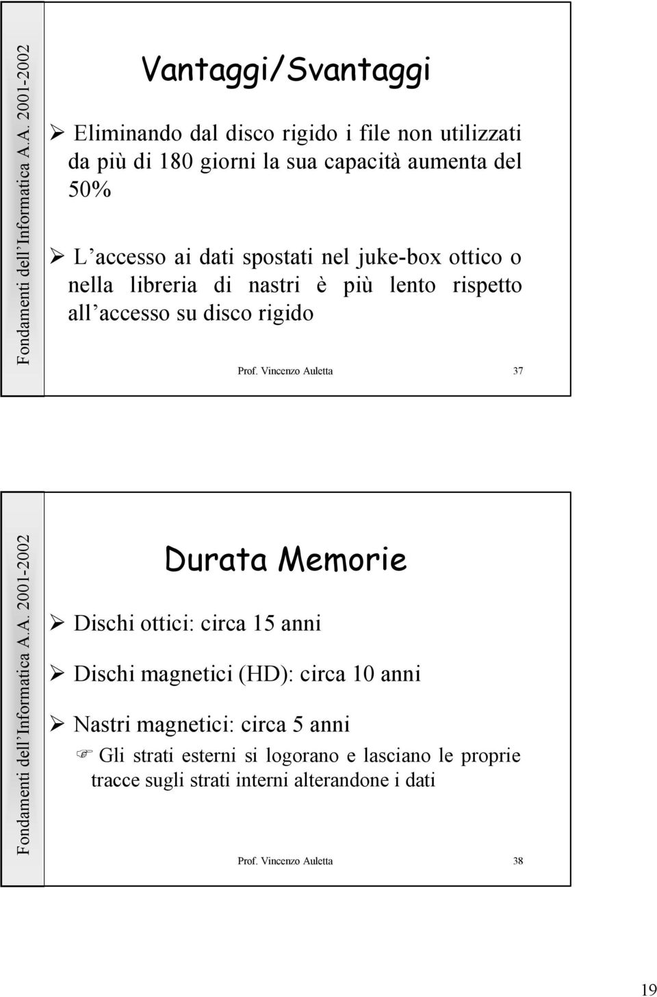 Vincenzo Auletta 37 Durata Memorie Dischi ottici: circa 15 anni Dischi magnetici (HD): circa 10 anni Nastri magnetici: circa 5