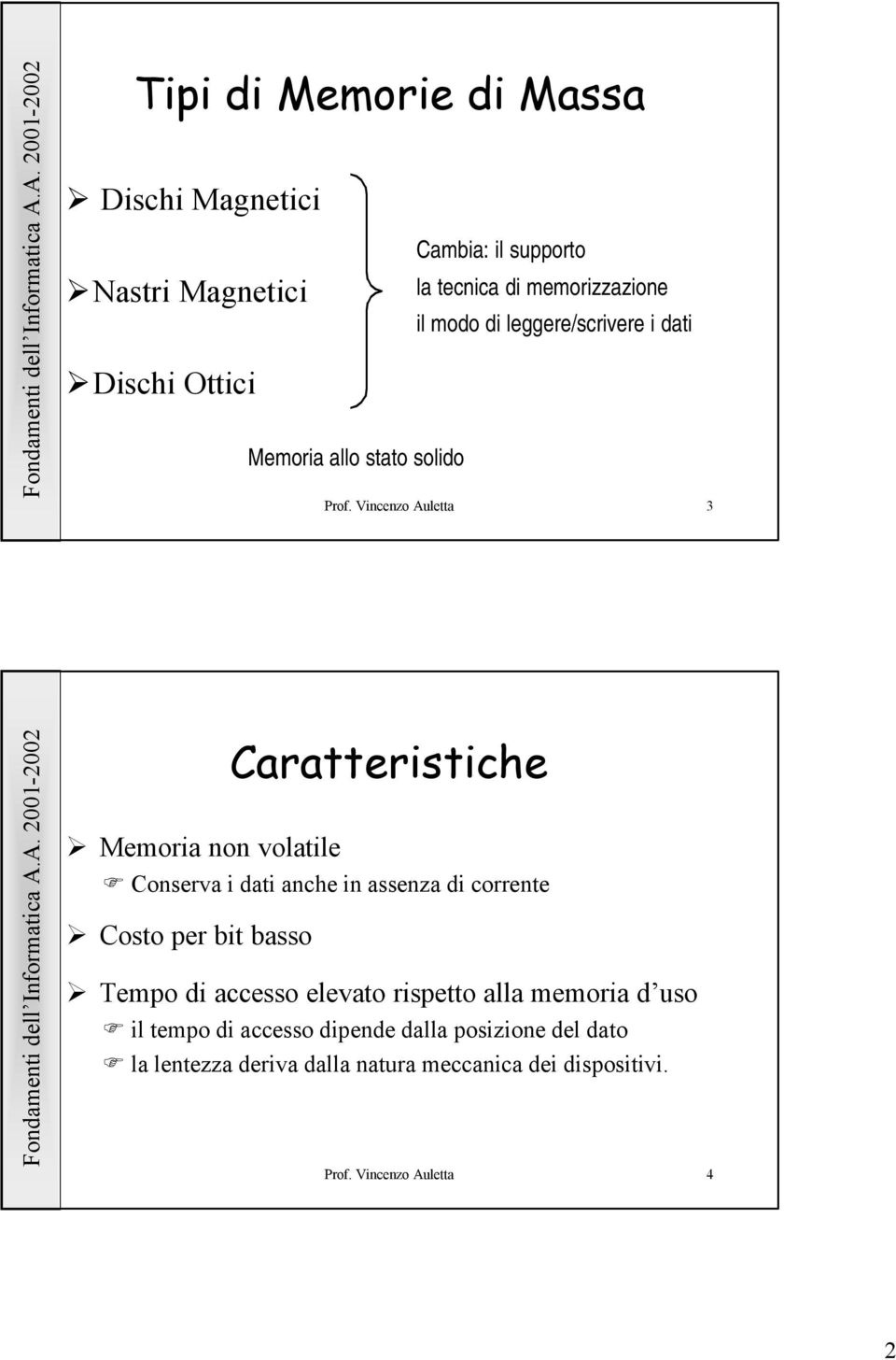 Vincenzo Auletta 3 Memoria non volatile Caratteristiche Conserva i dati anche in assenza di corrente Costo per bit basso