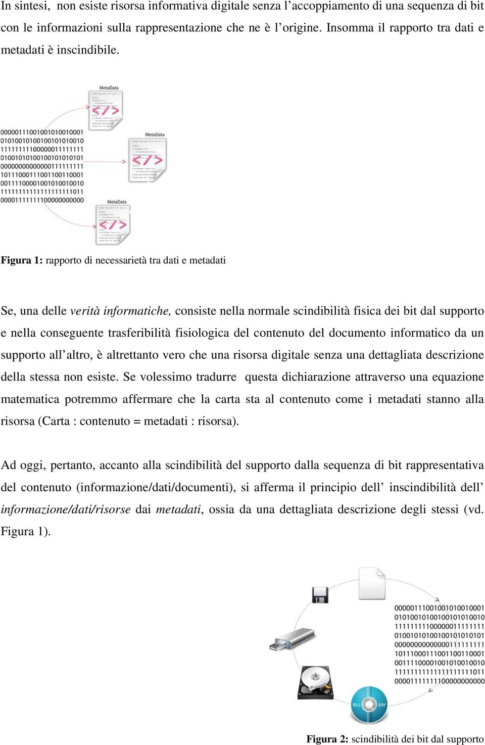 Figura 1: rapporto di necessarietà tra dati e metadati Se, una delle verità informatiche, consiste nella normale scindibilità fisica dei bit dal supporto e nella conseguente trasferibilità