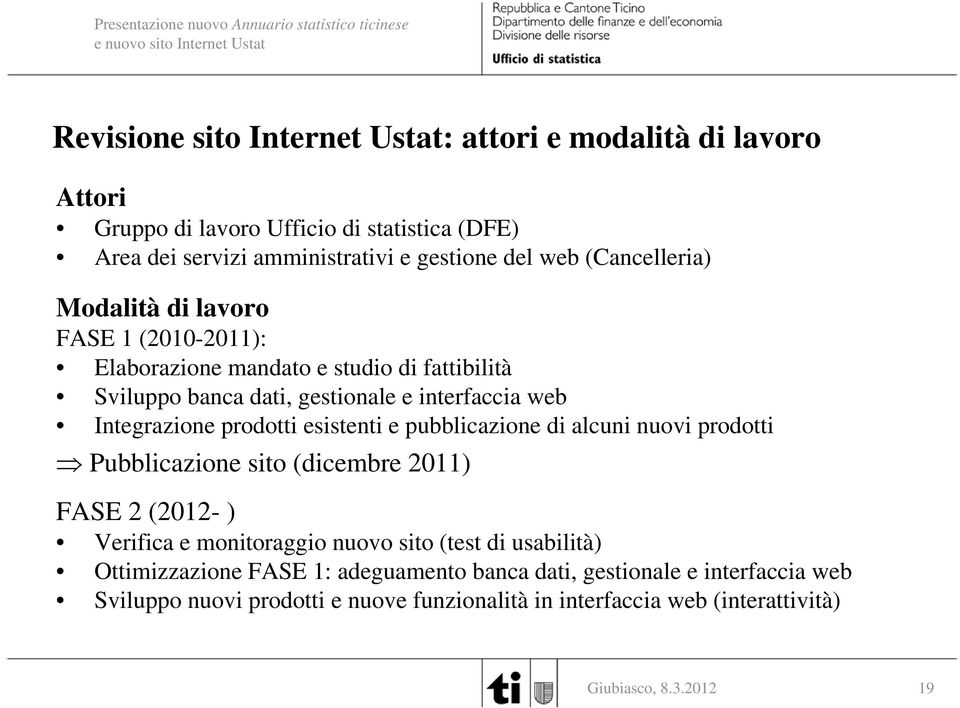 Integrazione prodotti esistenti e pubblicazione di alcuni nuovi prodotti Pubblicazione sito (dicem bre 2011) FA SE 2 (2012- ) V erifica e m onitoraggio nuovo sito