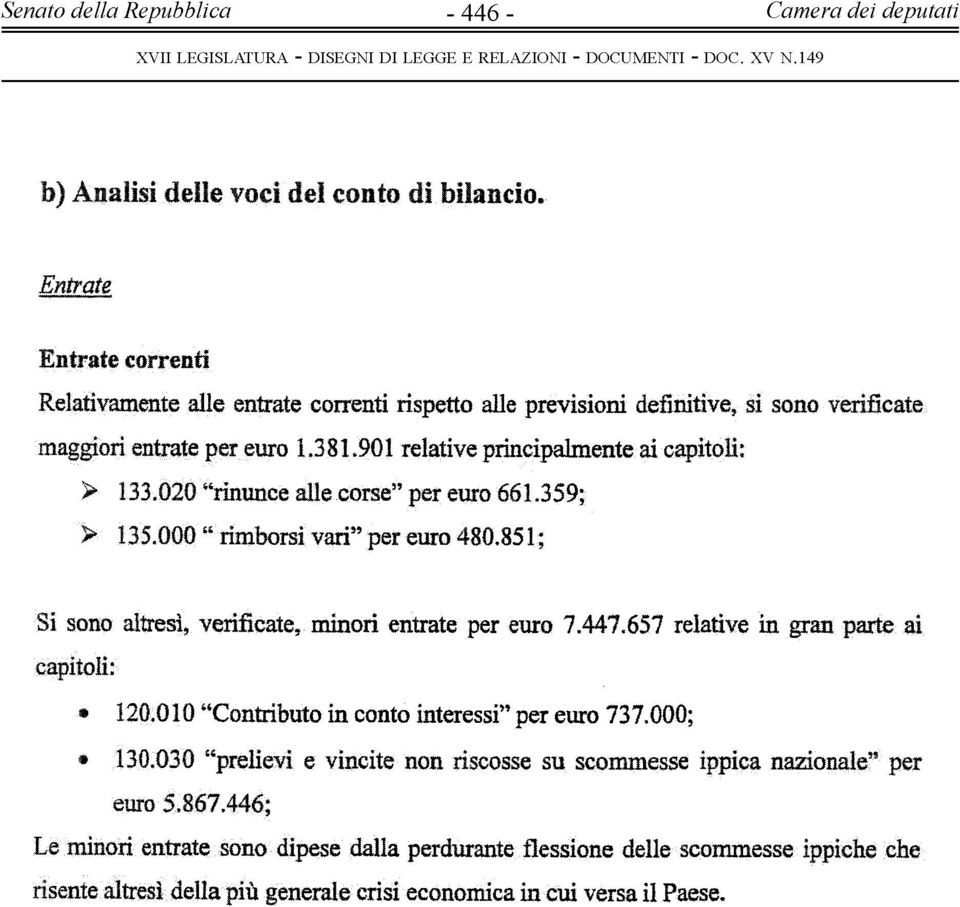 901 relative principalmente ai capitoli: > 133.020 rinunce alle corse per euro 661.359; > 135.000 rimborsi vari per euro 480.851 ; Si sono altresì, verificate, minori entrate per euro 7.447.