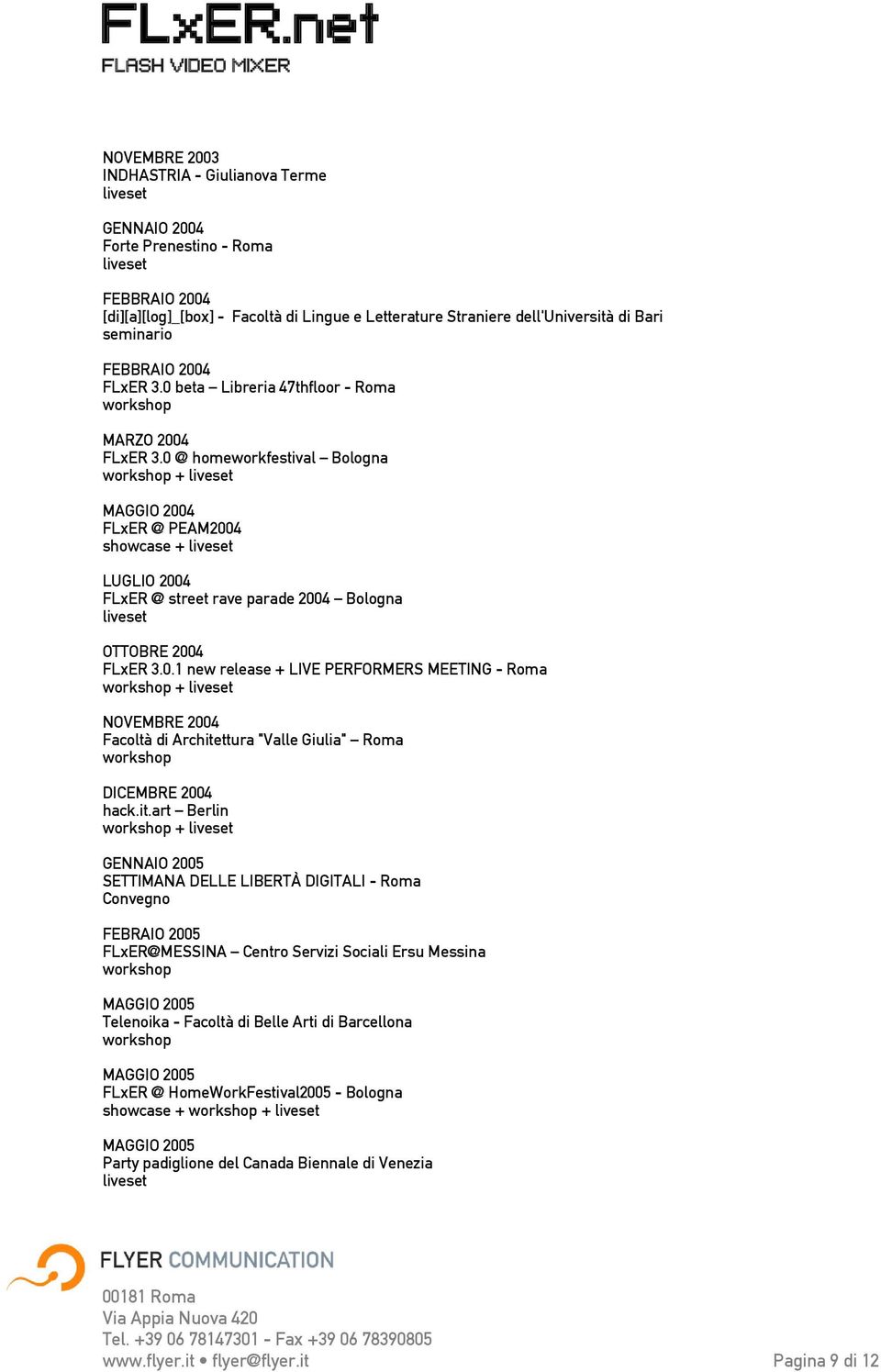 0 @ homeworkfestival Bologna + MAGGIO 2004 FLxER @ PEAM2004 showcase + LUGLIO 2004 FLxER @ street rave parade 2004 Bologna OTTOBRE 2004 FLxER 3.0.1 new release + LIVE PERFORMERS MEETING - Roma + NOVEMBRE 2004 Facoltà di Architettura "Valle Giulia" Roma DICEMBRE 2004 hack.