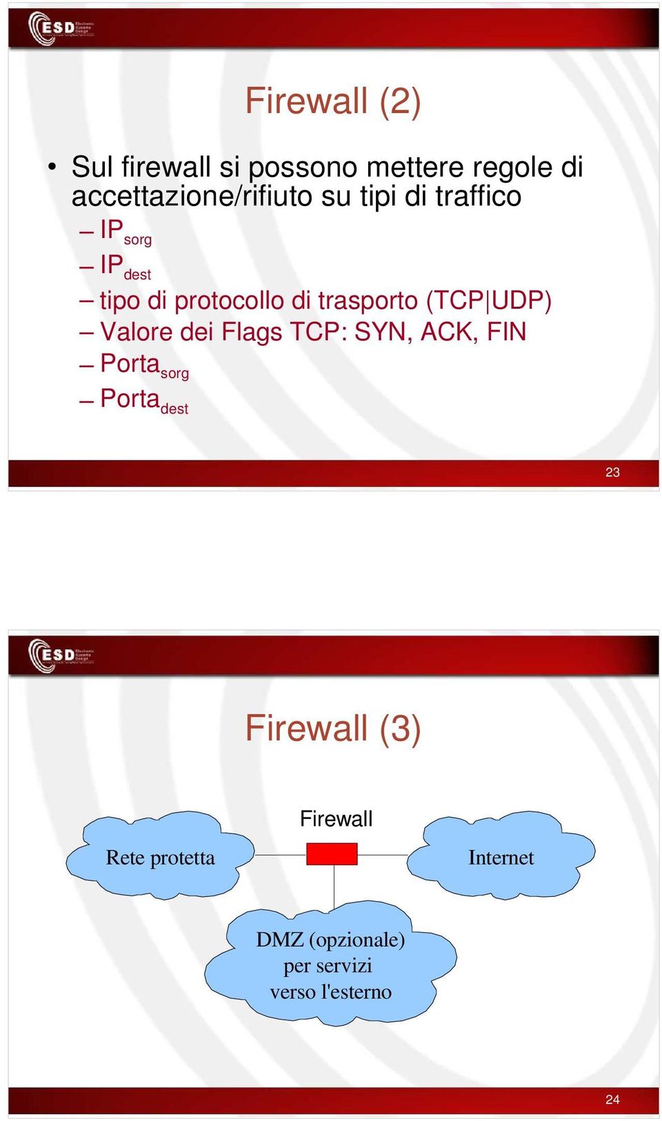 UDP) Valore dei Flags TCP: SYN, ACK, FIN Porta sorg Porta dest 23 Firewall