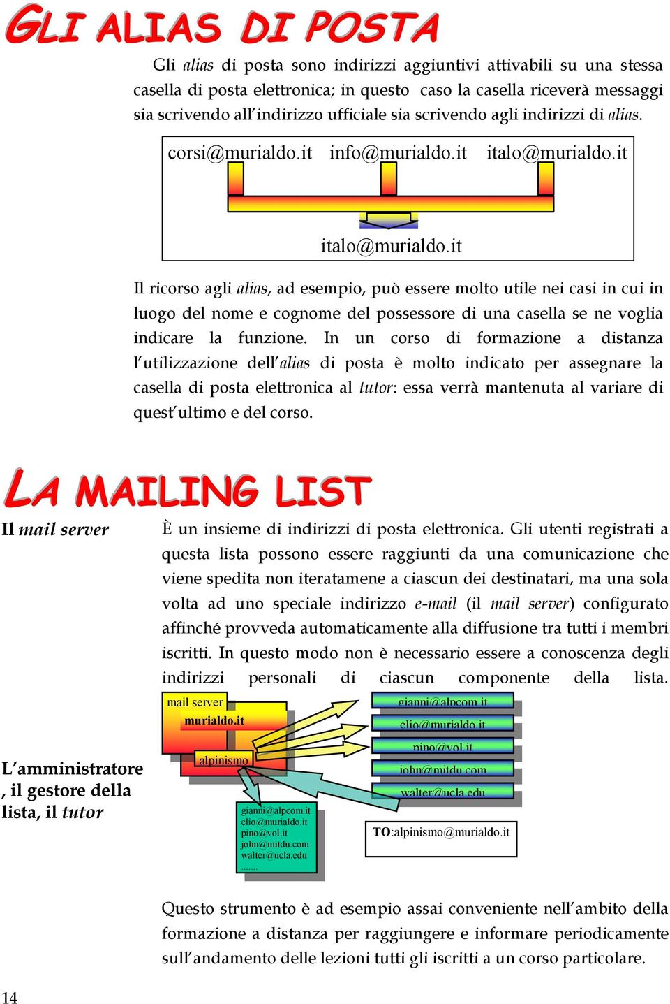 it italo@murialdo.it Il ricorso agli alias, ad esempio, può essere molto utile nei casi in cui in luogo del nome e cognome del possessore di una casella se ne voglia indicare la funzione.