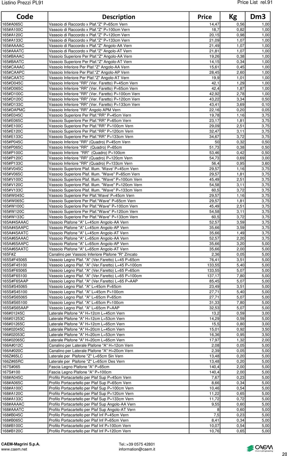 "Z" Angolo-AA Vern 21,49 1,07 1,00 165#AAATC Vassoio di Raccordo x Plaf."Z" Angolo-AT Vern 21,81 1,07 1,00 165#BAAAC Vassoio Superiore Per Plaf.