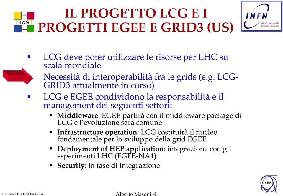 partirà con il middleware package di LCG e l evoluzione sarà comune Infrastructure operation: LCG costituirà il nucleo fondamentale per lo