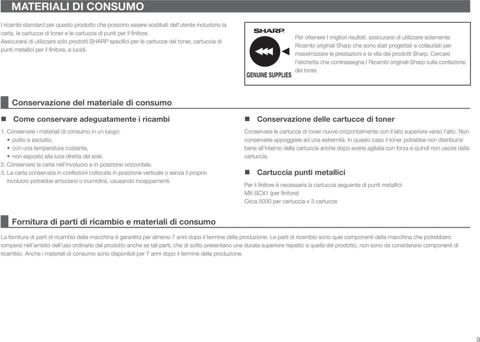 GENUINE SUPPLIES Per ottenere I migliori risultati, assicurarsi di utilizzare solamente Ricambi originali Sharp che sono stati progettati e collaudati per massimizzare le prestazioni e la vita dei