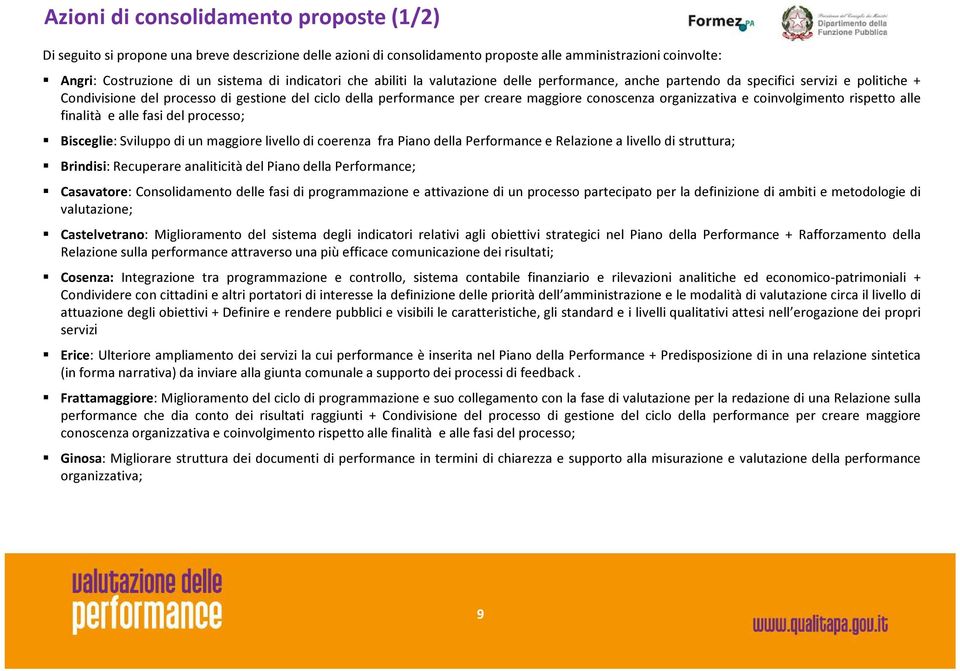 conoscenza organizzativa e coinvolgimento rispetto alle finalità e alle fasi del processo; Bisceglie: Sviluppo di un maggiore livello di coerenza fra Piano della Performance e Relazione a livello di