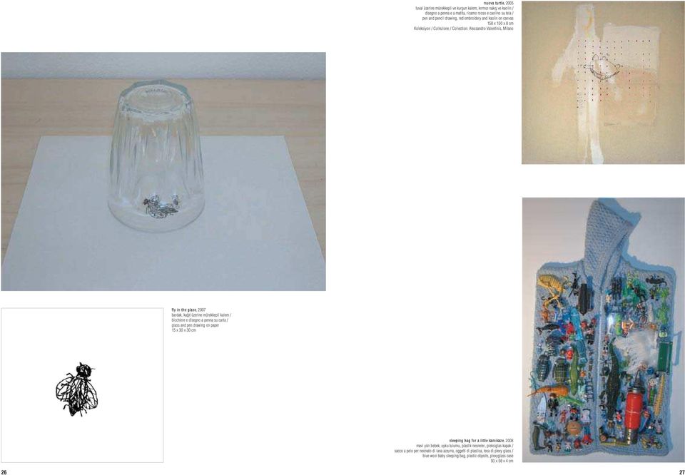 bicchiere e disegno a penna su carta / glass and pen drawing on paper 15 x 30 x 30 cm sleeping bag for a little kamikaze, 2008 mavi yün bebek, uyku tulumu, plastik nesneler,