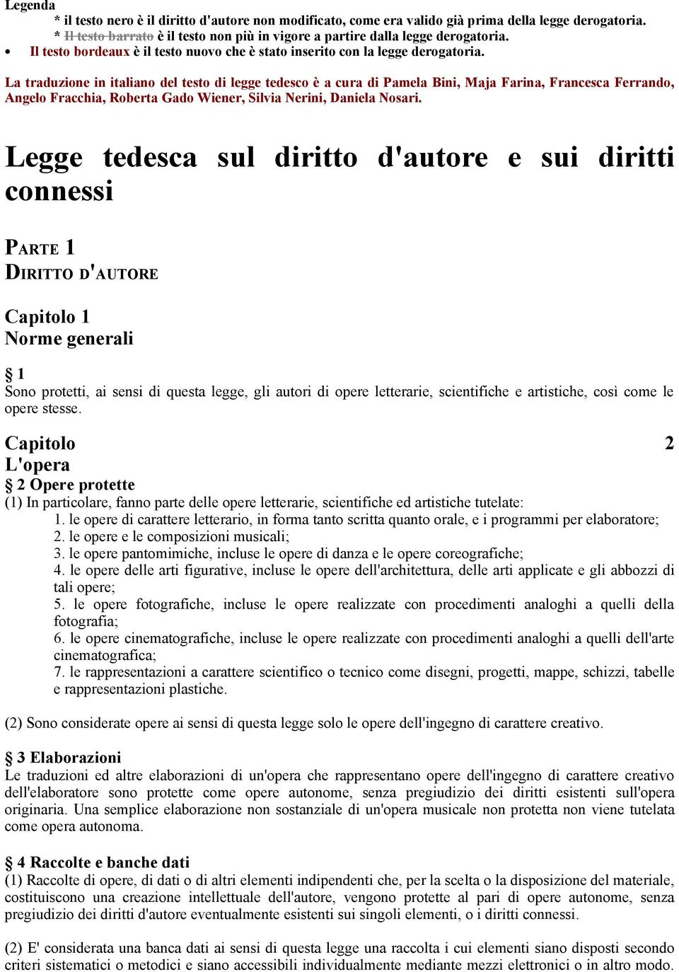 La traduzione in italiano del testo di legge tedesco è a cura di Pamela Bini, Maja Farina, Francesca Ferrando, Angelo Fracchia, Roberta Gado Wiener, Silvia Nerini, Daniela Nosari.