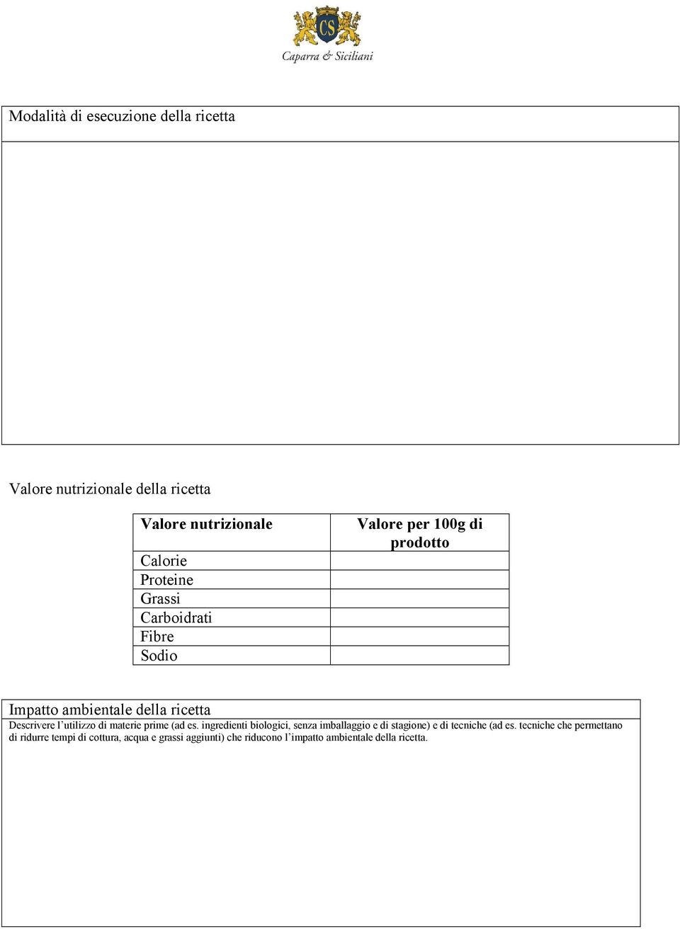 utilizzo di materie prime (ad es. ingredienti biologici, senza imballaggio e di stagione) e di tecniche (ad es.