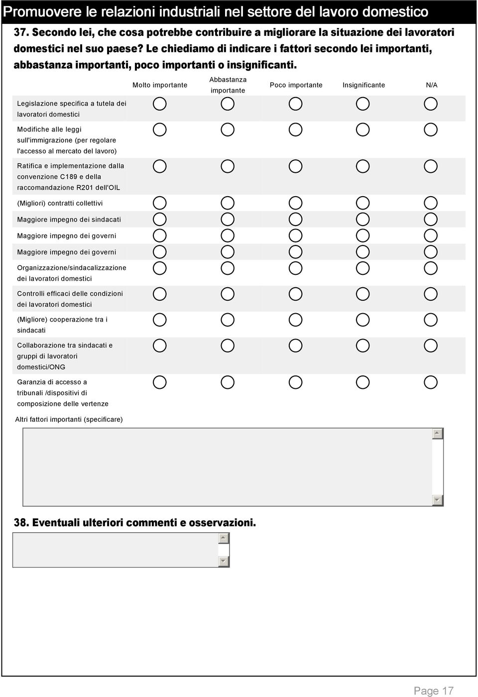 Molto importante Abbastanza importante Poco importante Insignificante N/A Legislazione specifica a tutela dei lavoratori domestici Modifiche alle leggi sull'immigrazione (per regolare l'accesso al