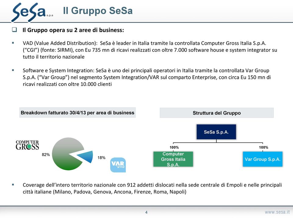 ( Var Group ) nel segmento System Integration/VAR sul comparto Enterprise, con circa Eu 150 mn di ricavi realizzati con oltre 10.