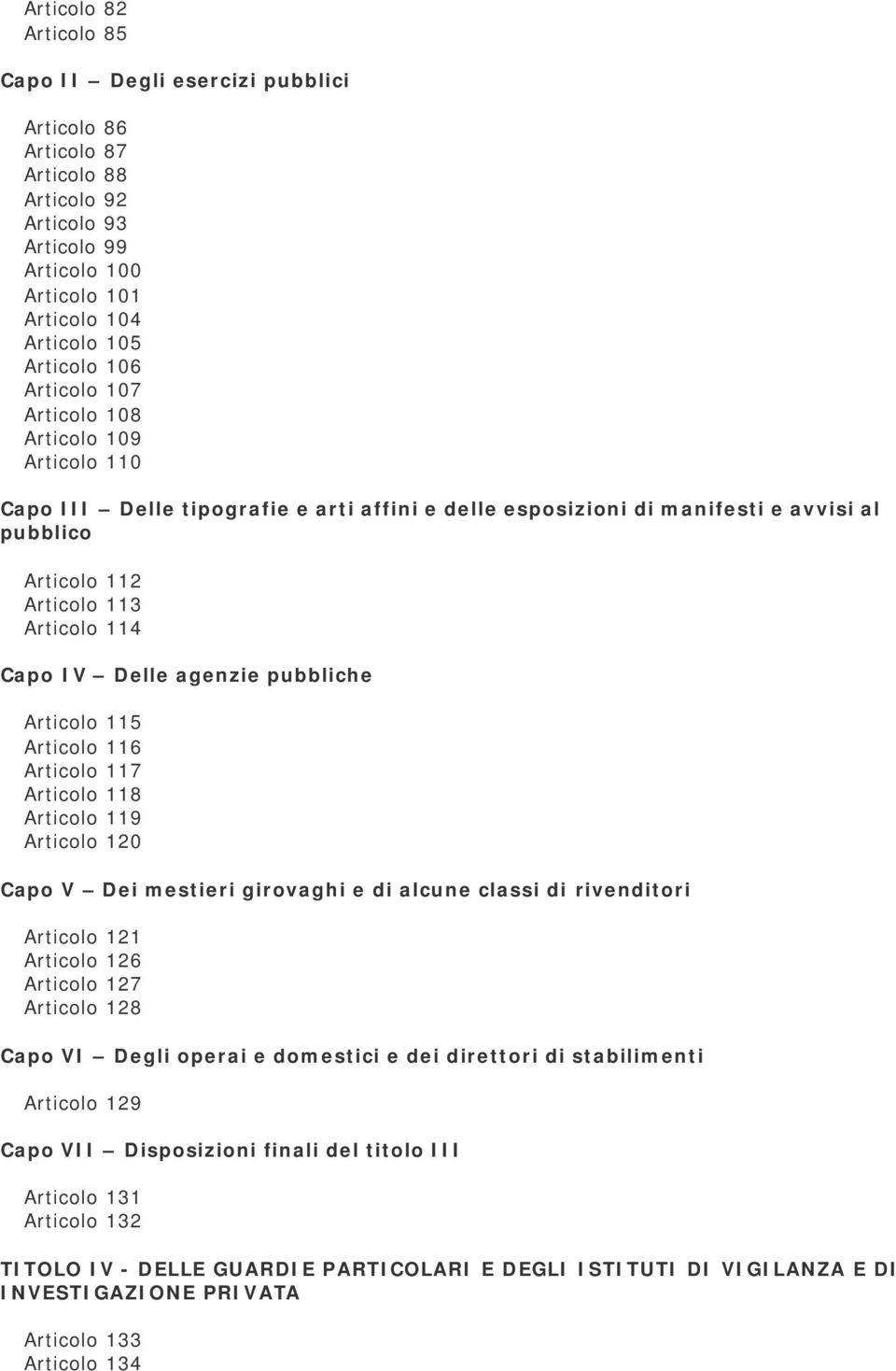 agenzie pubbliche Articolo 115 Articolo 116 Articolo 117 Articolo 118 Articolo 119 Articolo 120 Capo V Dei mestieri girovaghi e di alcune classi di rivenditori Articolo 121 Articolo 126 Articolo 127