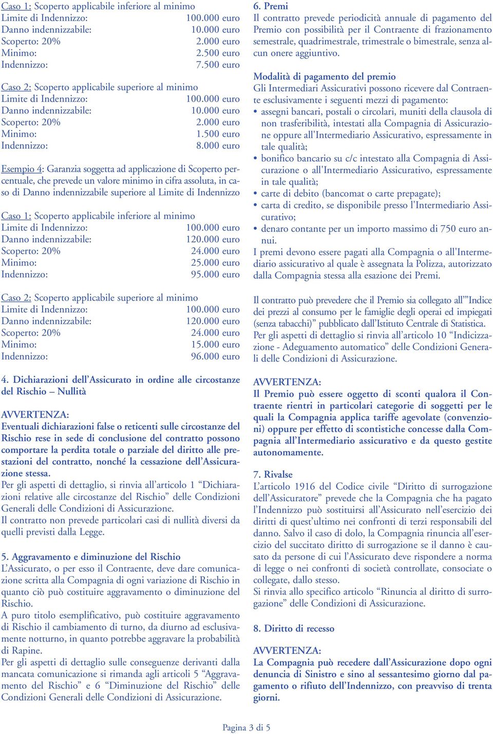 000 euro Esempio 4: Garanzia soggetta ad applicazione di Scoperto percentuale, che prevede un valore minimo in cifra assoluta, in caso di Danno indennizzabile superiore al Limite di Indennizzo Caso